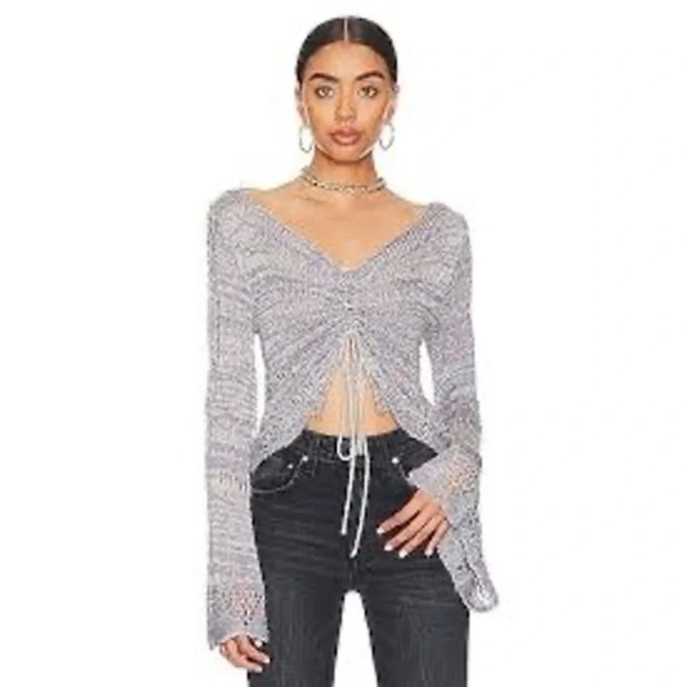 Free People Zinnia Top Women XS Blue EUC Ruched Bell Sleeve OB1469520 Boho